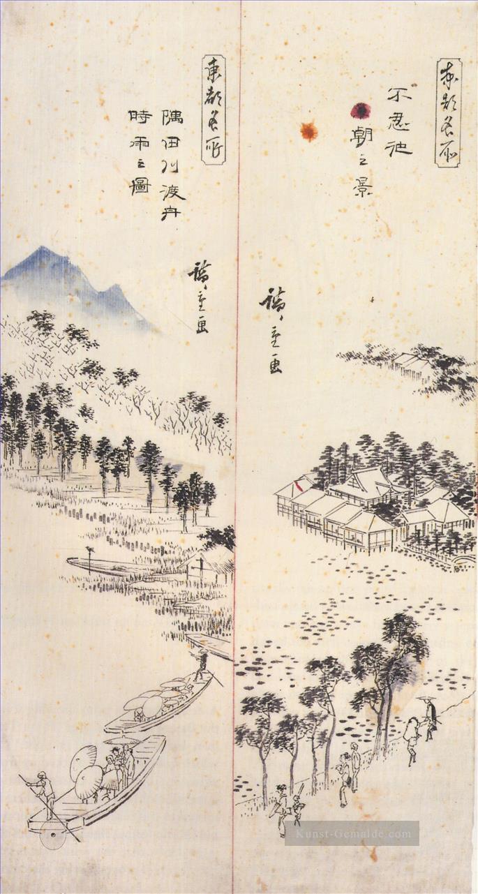 Tempelanlage auf einer Insel und Fähren auf einem Fluss Utagawa Hiroshige Ukiyoe Ölgemälde
